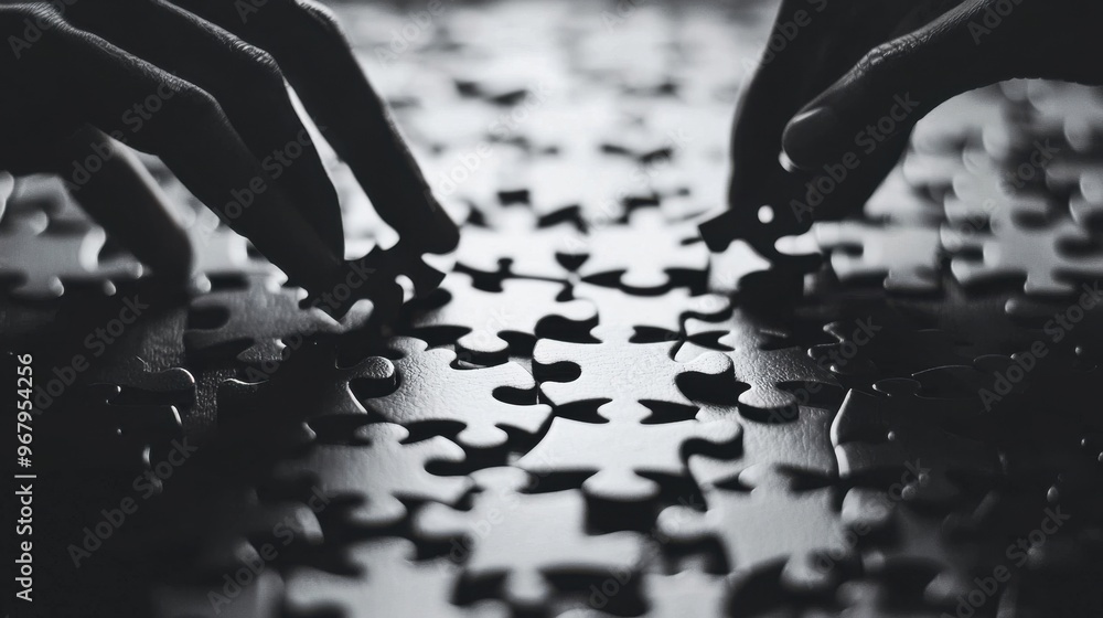 Poster a jigsaw puzzle with missing pieces being placed by shadowy hands, showing how key stakeholders comp