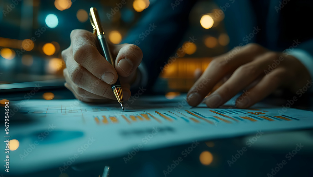 Poster a close-up of a hand holding a pen, analyzing graphs and charts on paper in a modern office setting 