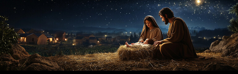 Nativity of Christ. Mary, Joseph and baby Jesus, surrounded by animals and warm light, festive atmosphere, religion of Christmas