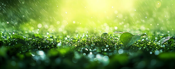 Tranquil nature scene featuring dew-kissed leaves illuminated by soft sunlight, capturing freshness and vitality in a serene environment.