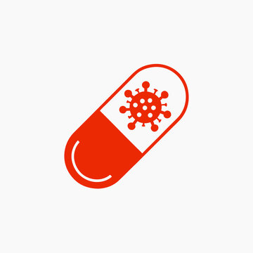 recommend clip art: Therapeutic capsule illustration with a virus symbol in red color on a white background