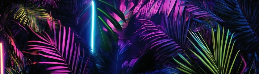 Obraz premium Neon Light Illuminating Tropical Leaves in Dark Background