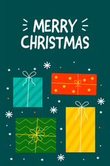 Merry Christmas Postcard with Gifts and Snowflakes. Vector Illustration.