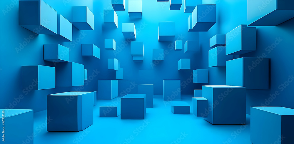 Poster a stunning abstract image of blue cubes floating in a serene space, creating a mesmerizing and moder