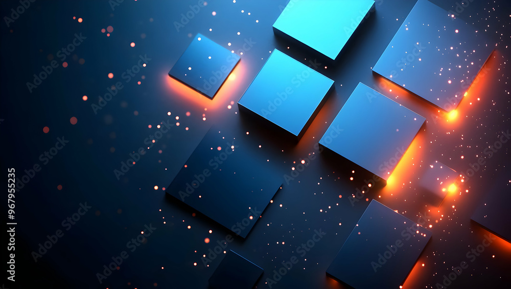 Poster abstract background featuring geometric shapes in blue tones with glowing elements for modern design