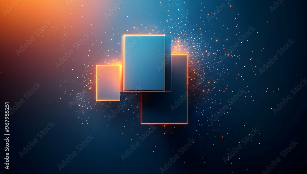 Poster abstract composition featuring luminous blocks and particles on a deep blue background, ideal for mo