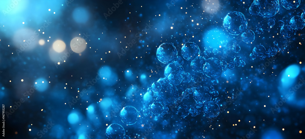 Poster a mesmerizing capture of blue bubbles floating in a deep space background, creating a tranquil and d