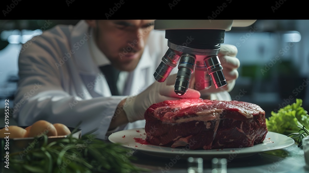 Poster laboratory technician examining lab grown beef under microscope showcasing precision in food science