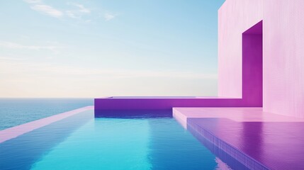 Contemporary architectural design featuring an infinity pool overlooking the ocean during a serene sunset near a tranquil coastline