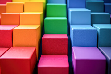 A row of colorful blocks with a rainbow pattern