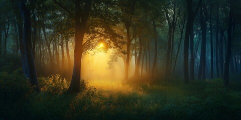 Obraz premium An enchanting forest path with trees illuminated by the soft, golden light of the sunset, creating a mystical atmosphere.