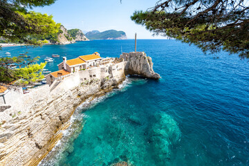medieval fortress on azure sea in Petrovac in Montenegro