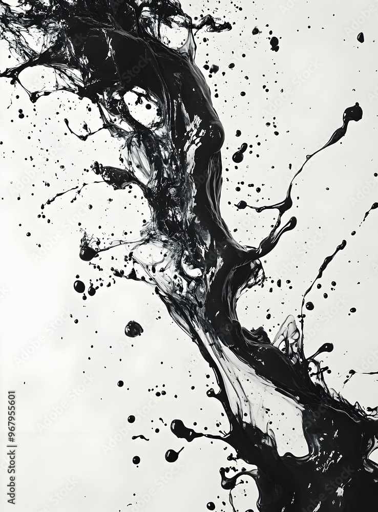 Poster dynamic black ink splash on a white background, creating an artistic and abstract visual effect, per