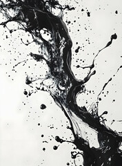 Dynamic black ink splash on a white background, creating an artistic and abstract visual effect, perfect for creative projects.