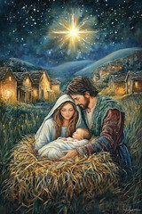 Nativity of Christ. Mary, Joseph and baby Jesus, surrounded by animals and warm light, festive atmosphere, religion of Christmas © shintartanya