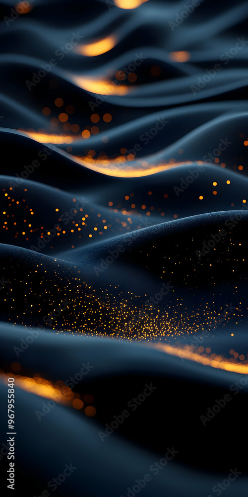 Poster An abstract representation of flowing waves illuminated by golden particles, creating a serene and captivating visual experience.