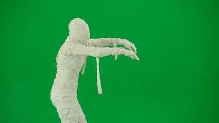 Portrait of person in a mummy bandage on chroma key green screen background. Mummy covered in white...