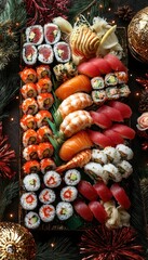 Fototapeta premium Creative New Year's Sushi Platter with Artistic Arrangements of Fresh Seafood Rolls