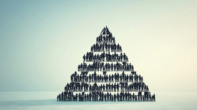 A large abstract pyramid made of different layers, each layer formed by silhouettes of people working together, the gradual building of a strong foundation through collaboration
