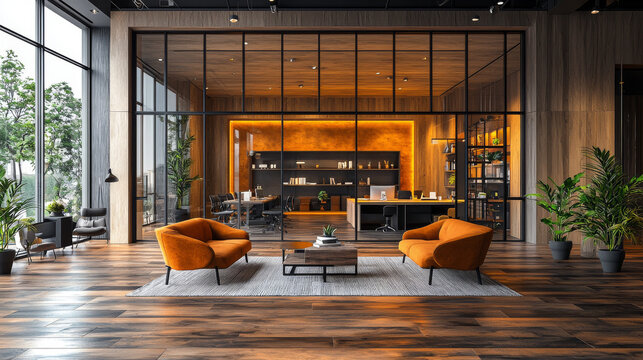 Modern office waiting area with orange sofas.