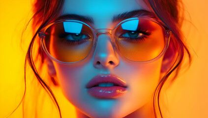 Fototapeta premium A stunning portrait of a woman with stylish sunglasses against a vibrant, colorful background, showcasing modern beauty and fashion.