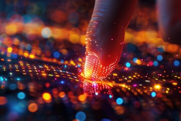 Finger touching a vibrant digital surface with glowing particles and lights