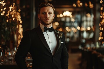 Fototapeta premium Elegant Gentleman in Tuxedo Posing Beside Christmas Tree at Festive Gala Venue - Ideal for Holiday Celebration Designs