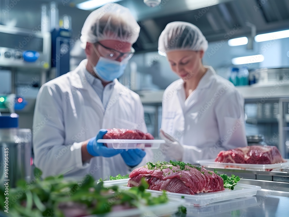 Poster high tech lab scientists developing lab grown meat for advanced research and innovation