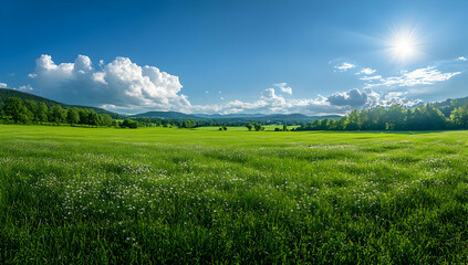 Fototapeta premium A serene landscape featuring a lush green field under a bright blue sky with fluffy clouds and a radiant sun shining above.