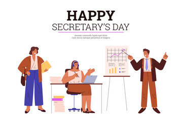Vector poster dedicated to the secretary's day with a woman and a man in office
