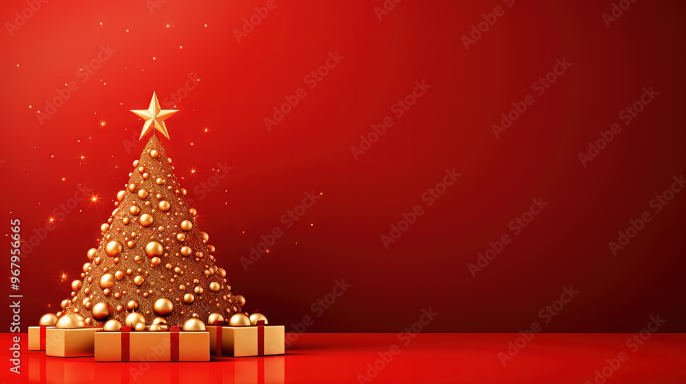 Poster christmas tree card template with red background. xmas winter holidays card with fir and golden ball