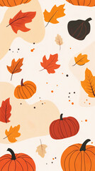 Obraz premium Gráfico vectorial con calabazas y hojas otoñales en estilo minimalista. Tonos anaranjados cálidos, ideal para otoño.