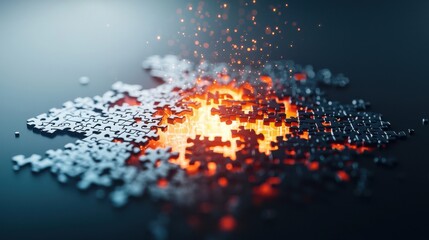 A large puzzle of a company logo breaking apart into individual pieces, with new pieces glowing and being added to form a new structure. Represents corporate restructuring and transformation