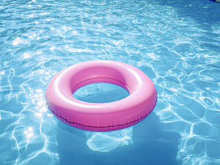 A pink inflatable ring floats on the surface of a blue pool
