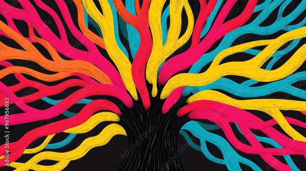 Poster a large tree with branches of different colors, each branch representing various cultures and identi