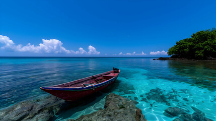 Naklejka premium Small Boat Try The Shore. Ujung Genteng