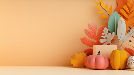 Escena con calabazas y hojas con formas geométricas en 3D. Creando una atmósfera otoñal de celebración única y moderna. Espacio libre para añadir textos.
