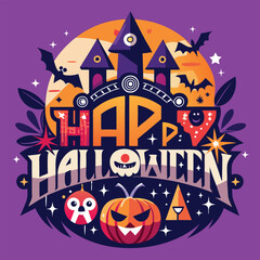 Happy Halloween Design with Spooky Bats and Pumpkin Graphics