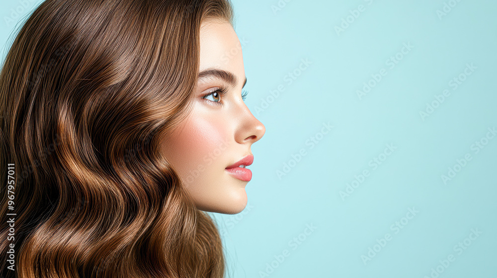 Wall mural a woman with long brown hair and a pink lip