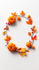 Fondo blanco con decoraciones otoñales en tonos naranjas. Calabazas, hojas y bayas en en círculo. Perfecto para añadir tu texto.