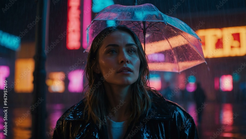 Wall mural woman illuminated by vibrant neon lights as she stands in the rain.