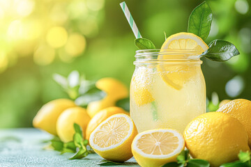 Fototapeta premium A glass of lemonade with a straw in it and a bunch of lemons on the table