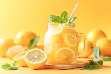 Fototapeta premium A glass of lemonade with a straw in it and a bunch of lemons on the table