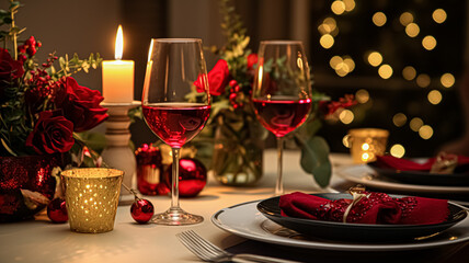 Festive date night tablescape idea, dinner table setting for two and Christmas, New Year, Valentines day decor, English countryside home styling