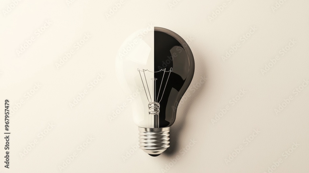 Aufkleber a light bulb with half of it brightly illuminated and the other half dark, the areas of strength and