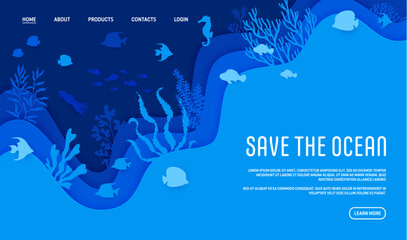 Landing page with paper cut underwater landscape and sea animals silhouettes. Vector Save the ocean awareness web banner template with tropical ocean biodiversity, corals and precious marine life
