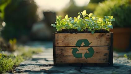 A wooden crate with a recycling symbol, filled with vibrant green plants, set in a serene garden environment.