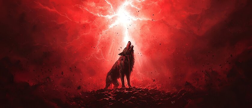 A majestic wolf howling against a dramatic red lightning backdrop, evoking a sense of power and mystery in the wild.