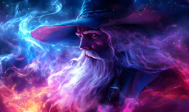 A mystical wizard portrait surrounded by vibrant cosmic colors, embodying the essence of magic and fantasy in a celestial setting.