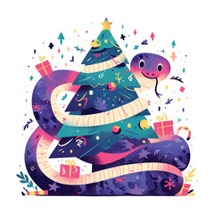 Fototapeta premium A snake is wrapped around a Christmas tree. The snake is smiling and the tree is decorated with many gifts